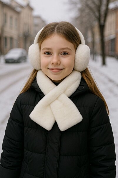 FELLMENS Beyaz Yumuşak Dokulu Peluş Kız Çocuk Kulaklık ve Boyunluk 2’li Set