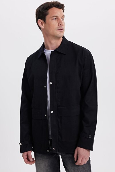 Tudors Men's relaxed fit comfortable cut 100% cotton double pocket zip-up black jacket shirt