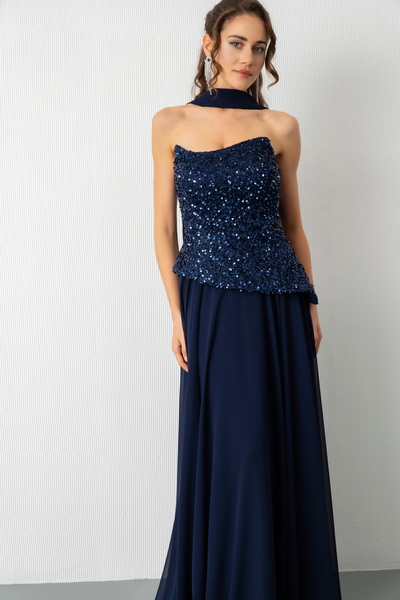 Lafaba Γυναικείο μακρύ βραδινό φόρεμα με παγιέτες σε μπλε ναυτικό χρώμα