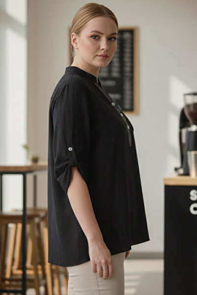 Chiccy Ιταλική μπλούζα μεγάλου μεγέθους, μαύρη μπλούζα με γιακά δικαστή με κουμπιά, λεοπάρ στάμπα, με τσέπες, μακριά υφαντή πλάτη 72 65