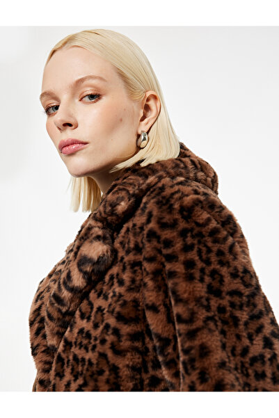 Koton Faux Fur Coat Leopard Print Long Sleeve with Pockets