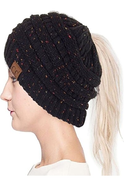 Generic Scarves Me Women's Messy Ponytail Hat with Plain Ribbed Bun