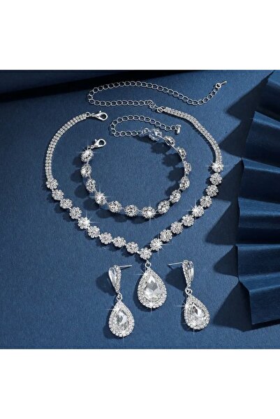 shopidik Daisy/Flower Motif Zircon Bridal Jewelry Set (Necklace, Earrings, Bracelet)