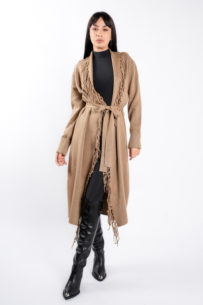 monarh Dark Beige modal cardigan with fringes and drawstring