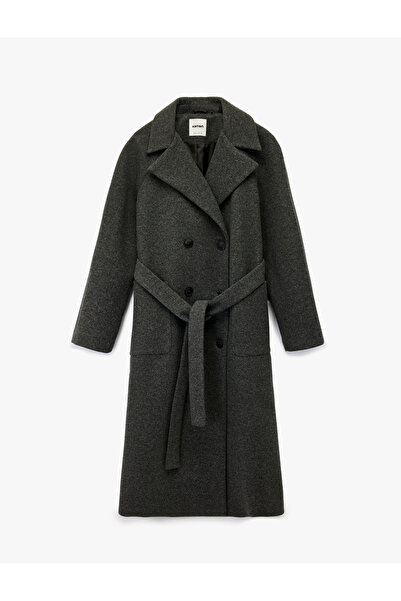 Koton Long Sleeve Pocket Belted Buttoned Long Cashmere Coat