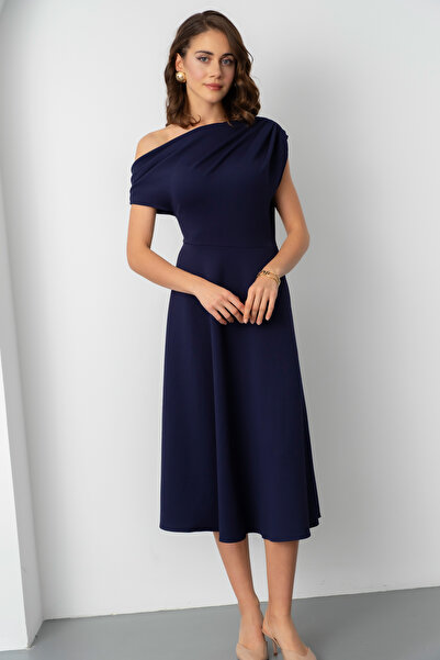 Lafaba Women's Navy Blue Off-Shoulder Midi Dress