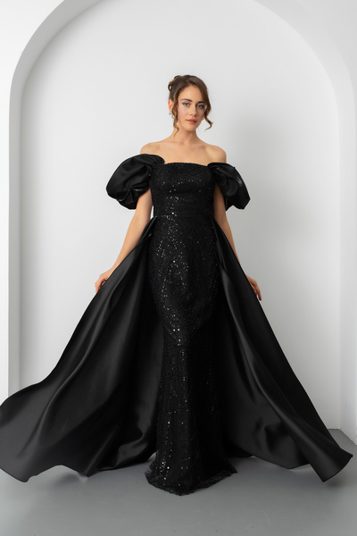 Lafaba Kadın Siyah Kayık Yaka Saten Kuyruklu Uzun Boncuklu Abiye