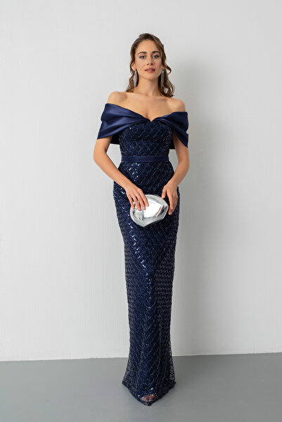 Lafaba Women's Navy Blue Collar Organza Detail Sequined Long Evening Dress Elibse