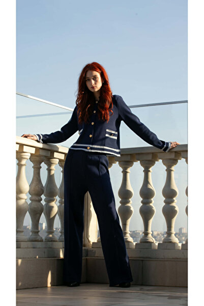 Marrone Set damă bleumarin din tricot – cardigan cu detalii albe & pantaloni lejeri –