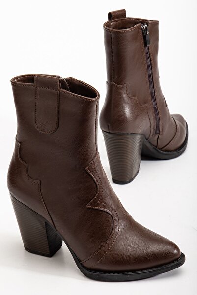 Zerenyus ZRİN-117 Premium καφέ καουμπόικες μπότες με λεπτομέρεια ραφής και φερμουάρ, καθημερινές γυναικείες μπότες με τακούνι