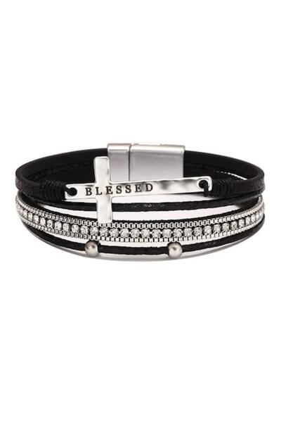 OEM Brățară de damă din piele ecologică cu cristale și pandantiv „blessed”, î...