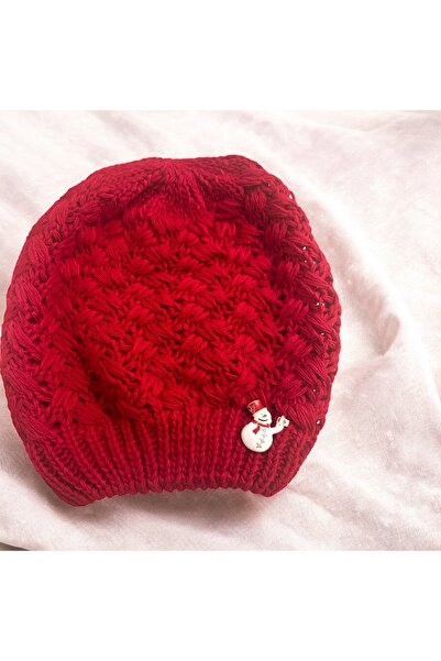 ALS Tasarım Dünyası Red Color Knitted Model Beanie and Snowman Brooch New Year Themed