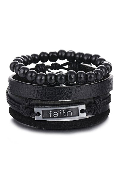 OEM Set de brățări din piele naturală cu pandantiv „Faith”, reglabile, unisex...