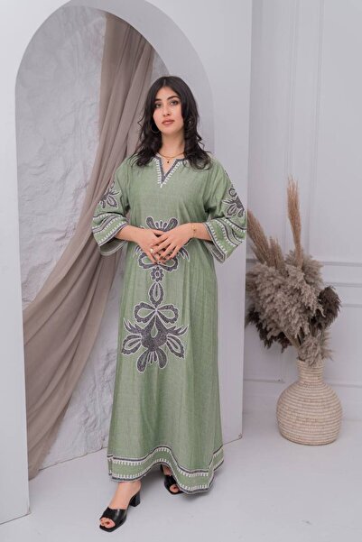 AFandina جلابية كتان بتفاصيل دقيقه تضفي لمسة من الفخامة