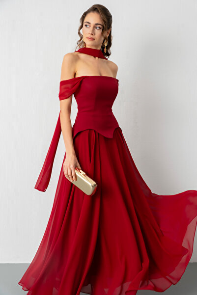 Lafaba Women's Burgundy Shawl Collar Strapless Promise Engagement Evening Dress