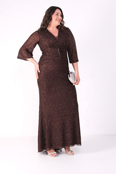 Lafaba Women's Brown V-Neck Beaded Plus Size Evening Dress