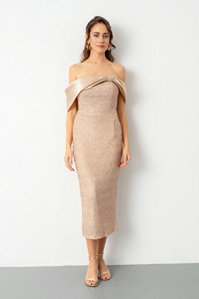 Lafaba Women's Beige Collar Detail Beaded Midi Promise Engagement Evening Dress