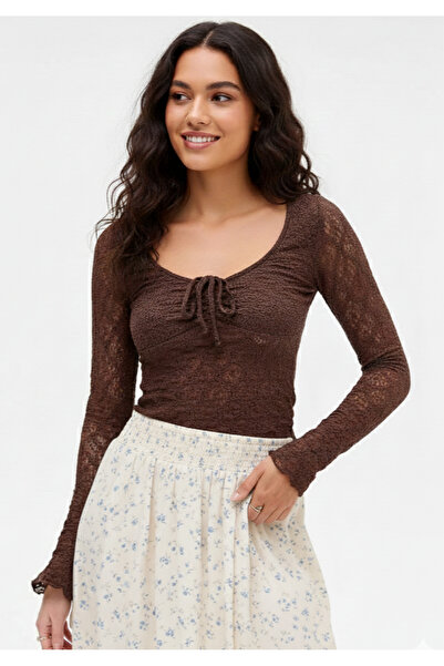 MAXLEVEL MODA Brown Color Breast Part Lined Transparent Lace Blouse