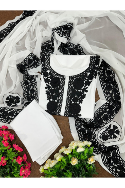 MYSMAR Black Faux Georgette Salwar Kameez & Dupatta - FFT1219 | Black