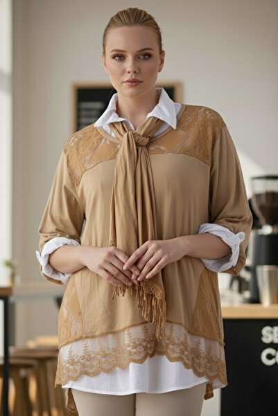 Chiccy Ιταλικό Σετ Τριών Πουκάμισων και Κασκόλ με Γαλακτώδη Καφέ Δαντέλα Casual Πλεκτό Μπλούζα 68 65