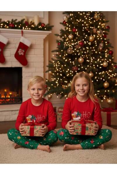 Elidabutik New Year / New Year Unisex Hohoho 100% Cotton Children's Pajamas Set