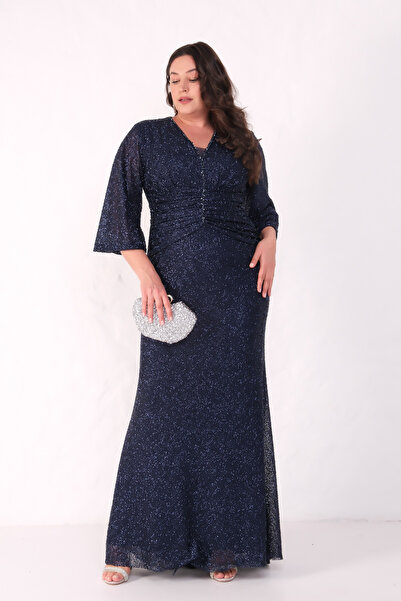 Lafaba Women's Navy Blue V-Neck Beaded Plus Size Evening Dress