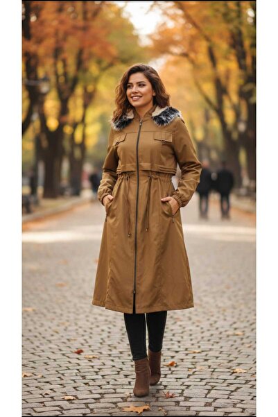güncüoğlu Hooded Long Coat with Fur Inside, Length 110cm