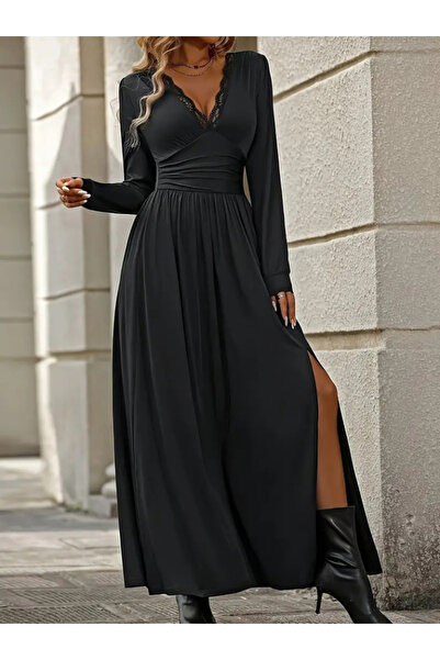 JANES Kadın Uzun Kollu V Dantel Yakalı Yırtmaçlı Uzun Sandy Elbise