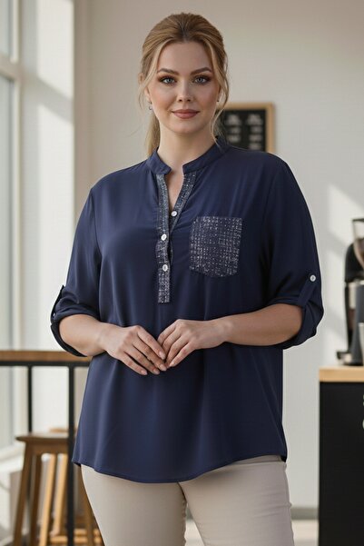Chiccy Italian Plus Size Navy Blue Judge Collar Buttoned Long Sleeve Sequin Pocket Casual Woven Blouse 72 65