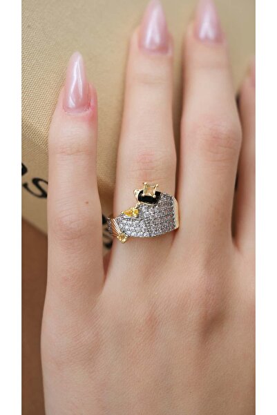 Jerie Black Enamel and Yellow Zircon Stone Design Adjustable Ring