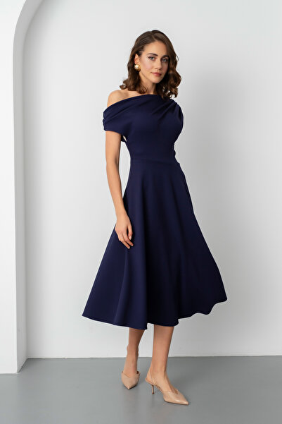 Lafaba Women's Navy Blue Off-Shoulder Midi Dress