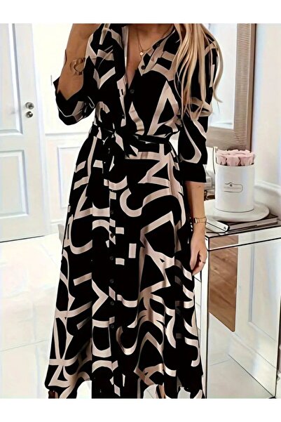 Nnstartshopping Women's Long Sleeve Collared Front Buttoned Long Single Jersey Dress