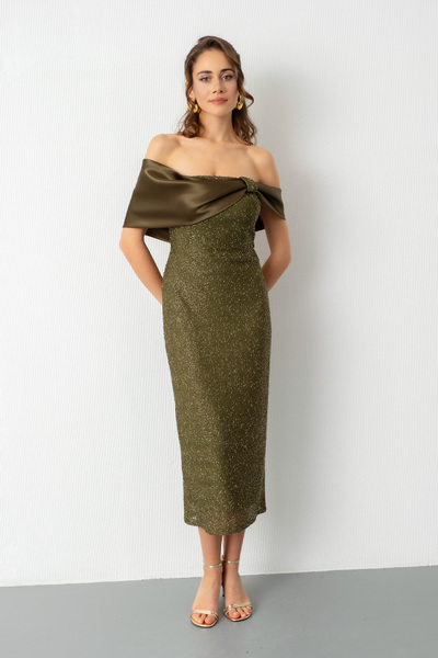 Lafaba Γυναικείο φόρεμα με λεπτομέρεια με χάκι γιακά με χάντρες Midi Promise για βραδινό φόρεμα αρραβώνων