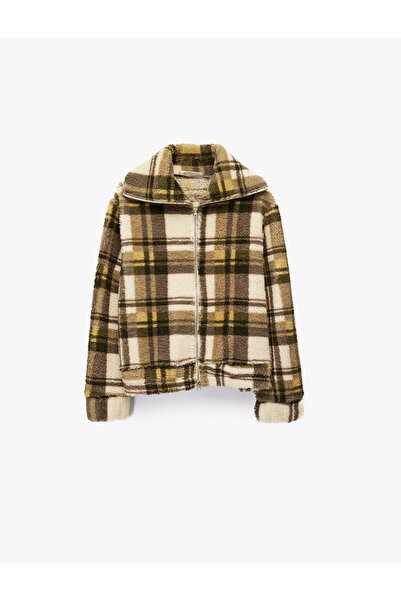 Koton Pocketed Zippered Long Sleeve Comfortable Fit Mock Neck Plaid Plush Cardigan