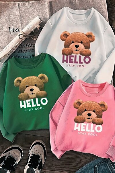Know 3lü Set HELLO Baskılı Beyaz Nefti Pembe Bisiklet Yaka Sweatshirt