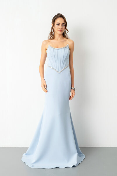 Lafaba Γυναικείο Βραδινό Φόρεμα Νυφικού Αρραβώνα Στράπλες Πέτρινο Πέπλο Στράπλες Μπλε Βραδινό Φόρεμα