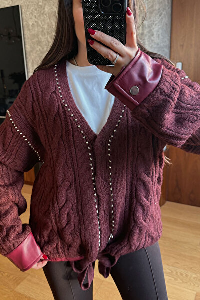 MAGARDE Leather and Metal Beaded Cardigan - Bordo