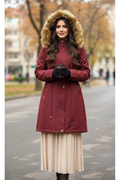 güncüoğlu Fur Inside Ka Hooded Ermuar+Clasp Closure Length 90cm Coat