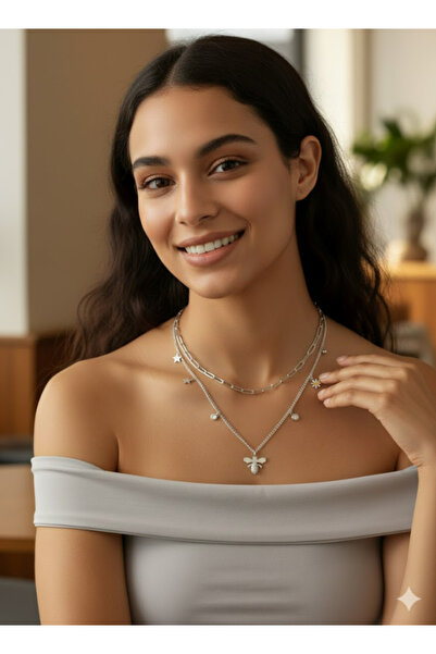 set.up Silver Color Zircon Stone Double Charms Necklace