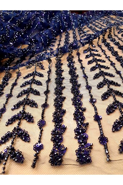 Safir Kumaş Taş ve Boncuk İşlemeli Lacivert Dantel 3 Metre