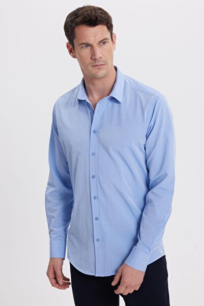 Tudors Men's modern fit slim cut cotton easy iron dobby blue shirt