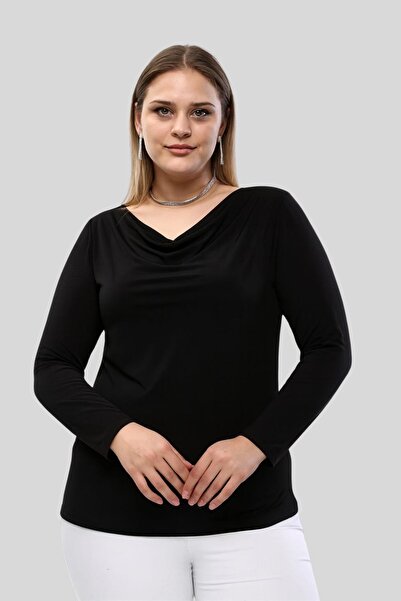 Seamoda Degaje Yaka Sandy Plus Size Women's Basic Blouse 4 Seasons Comfortable Use Stylish Long Sleeve Blouse-Black