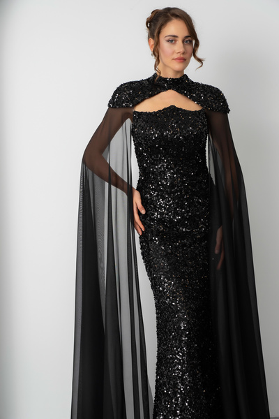 Lafaba Women's Black Tulle Cape Strapless Long Sequin Evening Dress