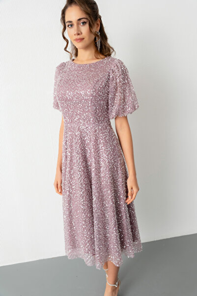 Lafaba Women's Powder Balloon Sleeve Sequin Midi Evening Dress