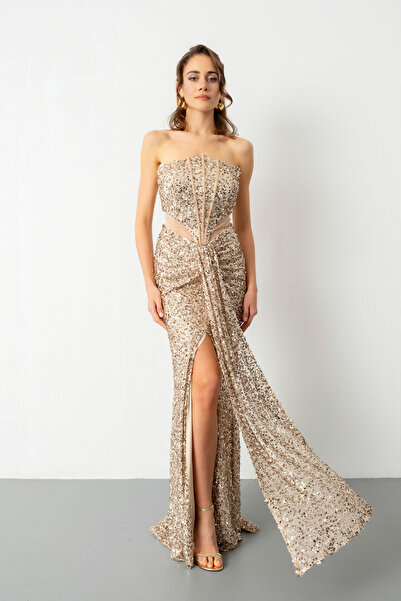 Lafaba Γυναικείο βραδινό φόρεμα μπεζ στράπλες με σκίσιμο