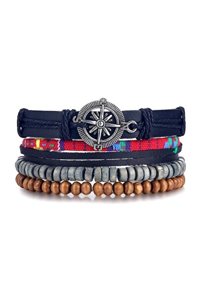 OEM Σετ Δερμάτινο βραχιολιού με μενταγιόν πυξίδας, ρυθμιζόμενο, unisex, μπλε
