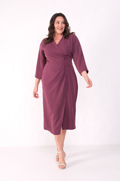 Lafaba Women's Plum Double-Breasted Collar Bead Embroidered Plus Size Midi Dress