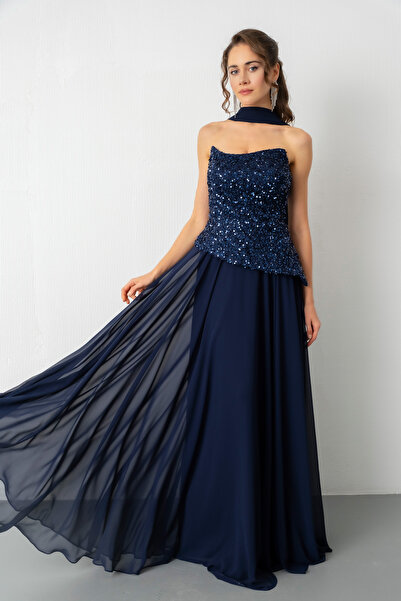 Lafaba Γυναικείο μακρύ βραδινό φόρεμα με παγιέτες σε μπλε ναυτικό χρώμα