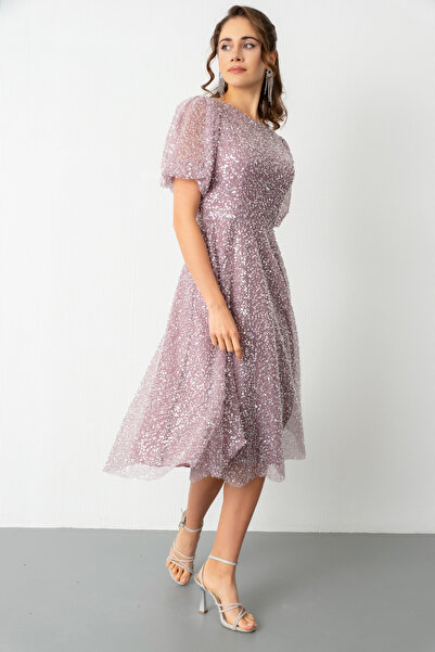 Lafaba Women's Powder Balloon Sleeve Sequin Midi Evening Dress