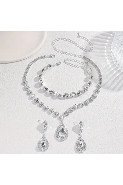 shopidik Daisy/Flower Motif Zircon Bridal Jewelry Set (Necklace, Earrings, Bracelet)